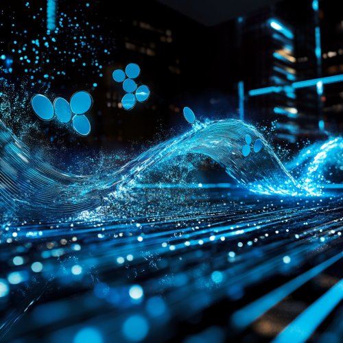 Glowing XRP wave crashes on financial cityscape.