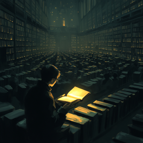 Glowing book shines in dark library, confident student reads. Glowing book shines in dark library, confident student reads.