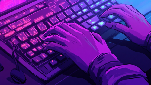 Glowing cyber office with animated hands typing