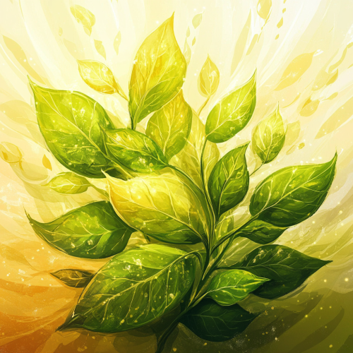 Glowing green leaves shine in golden prosperity