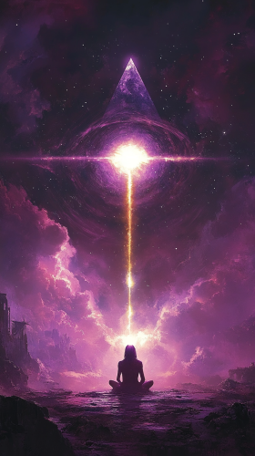 Glowing humanoid under divine all-seeing eye enlightenment.