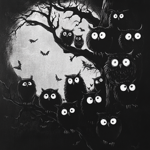 Glowing owl silhouettes in black and white forest