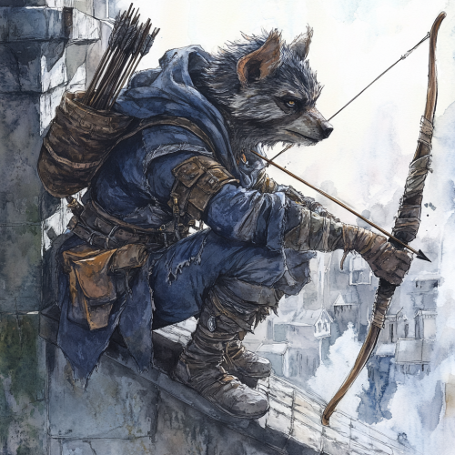 Gnoll Ranger on rooftop in eerie city. Ethereal mood.