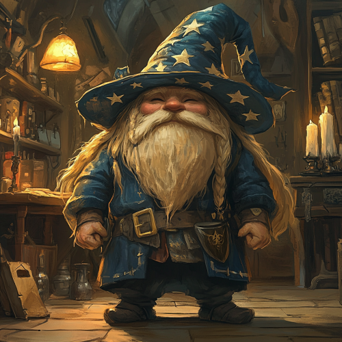 Gnome with long beard stands in cluttered room.