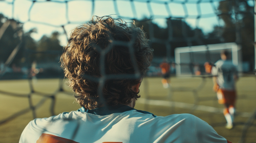 Goalie in position, game in background, dramatic setting.