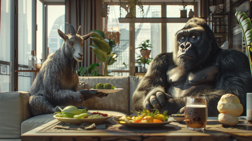 Goat and gorilla having meal in modern room.