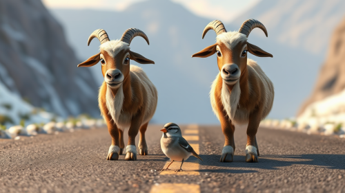 Goats Sweeping the Road in 3D Pixar Style