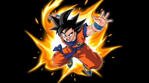 Goku in Super Saiyan Form Flying Against Black Background