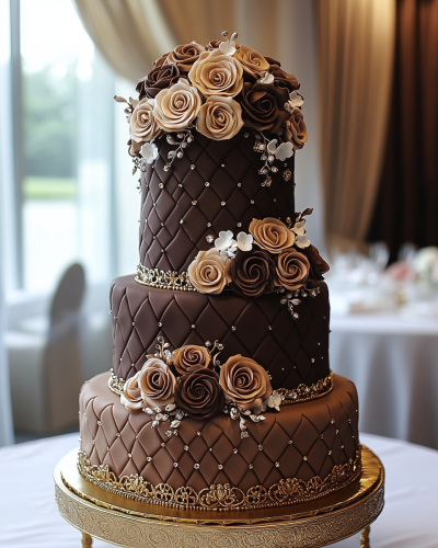 Golden Arabic-inspired tiered cake with roses and gems