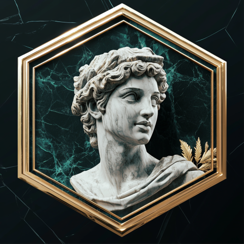 Golden Badge with Greek Statue and Teal Accents