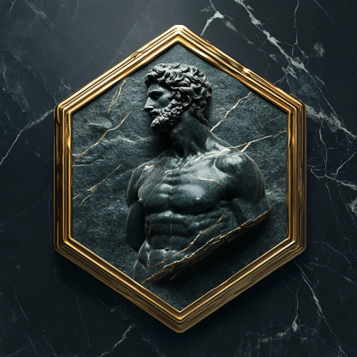 Golden Hexagonal Badge with Greek Statues