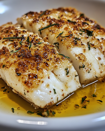 Golden Parmesan Crusted Tilapia in white bowl, aromatic herbs