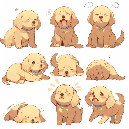 Golden Retriever Chibi Shows Various Actions and Emotions