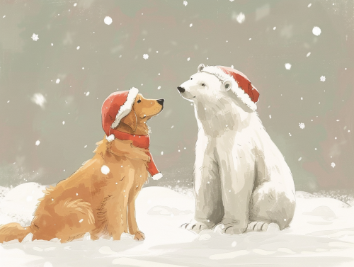 Golden Retriever and Polar Bear in Christmas gear.