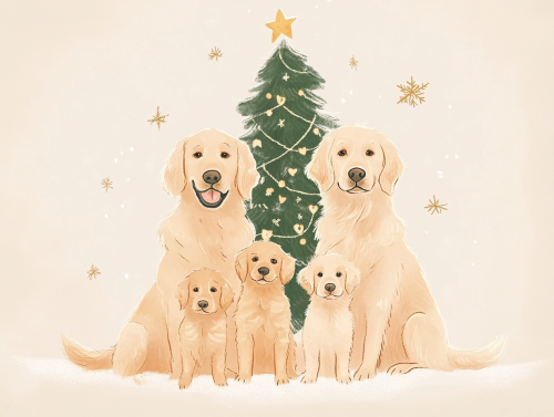 Golden Retriever family with pups beside Christmas tree.