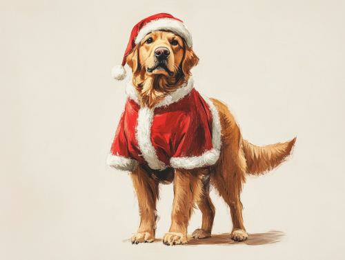 Golden Retriever in Santa outfit, kid's book drawing.