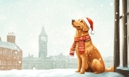 Golden Retriever with hat and scarf at Guinness Factory.