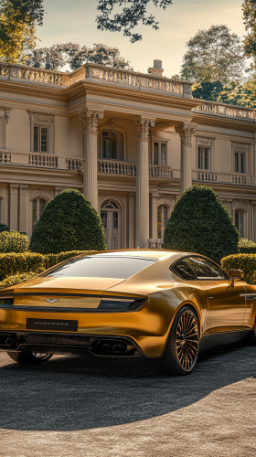 Golden Sedan Parked in Front of European Mansion