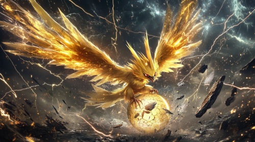 Golden Zapdos hatching from stormy egg, surrounded by lightning.