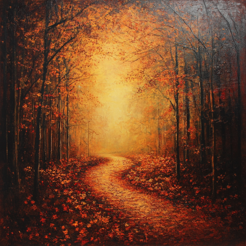 Golden and red leaf forest at sunset