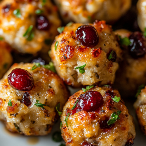 Golden-brown Cranberry Turkey Stuffing Balls with Sauce