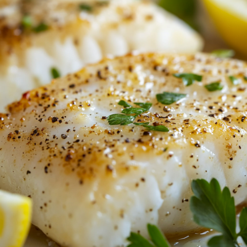 Golden brown fish fillets with pepper and herbs