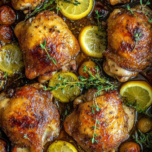 Golden-brown roasted chicken thighs with fresh herbs