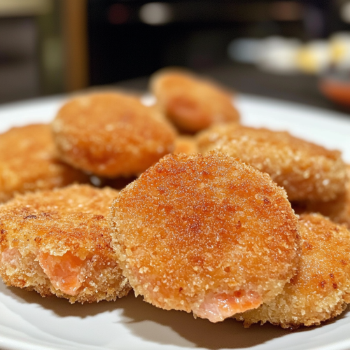 Golden-brown salmon patties on white plate