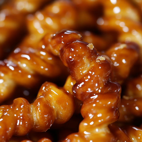 Golden-brown toffee-coated mini pretzel twists pile