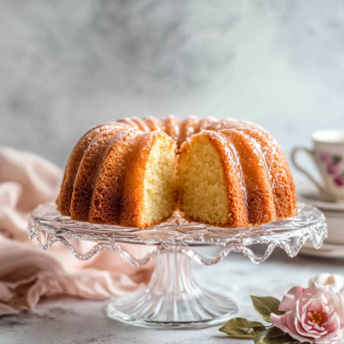 Golden bundt cake slice on floral plate, coffee ambiance