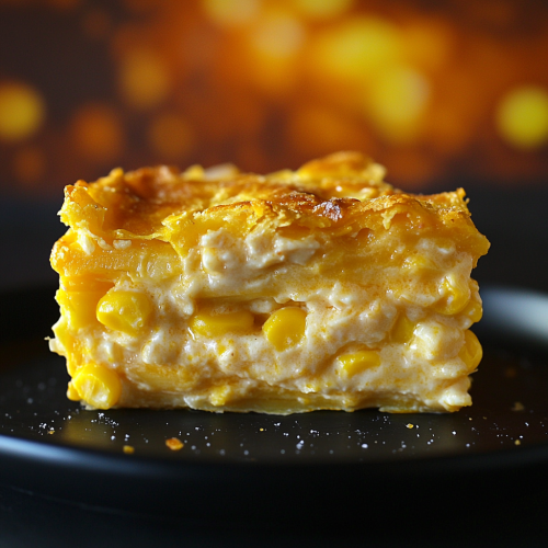 Golden corn casserole with melted cheese slice