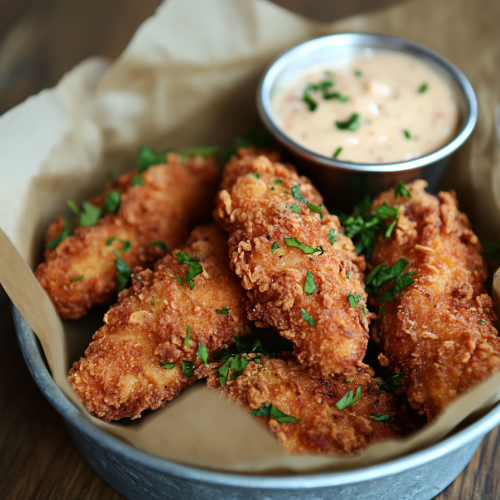 Golden crispy chicken tenders in rustic metal basket