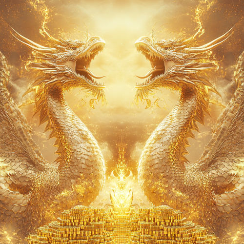 Golden dragons roaring in mirrored symmetry with treasure