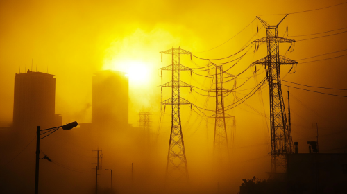 Golden fog surrounds city with power lines