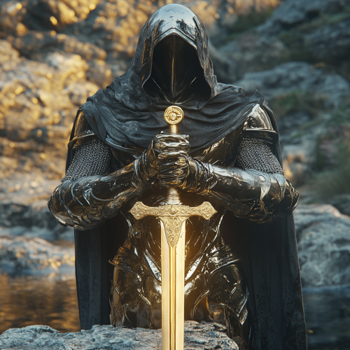 Golden knight pulls sword from rock. Ultra-realistic 4k