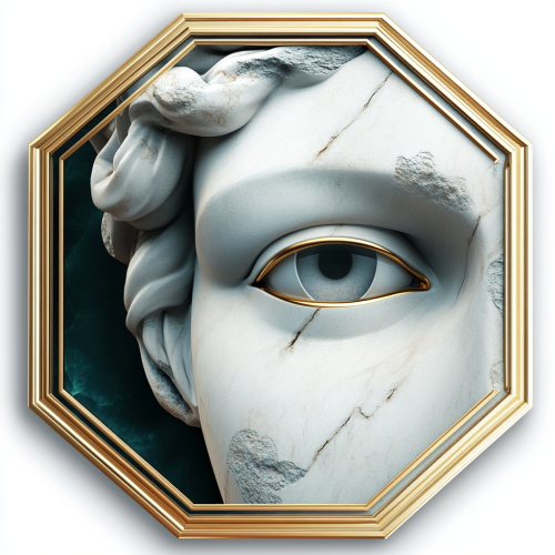 Golden outlined badge with Greek statues eye