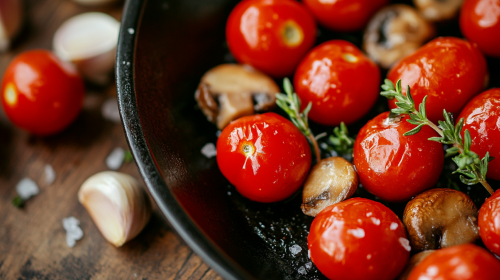 Golden sautéed cherry tomatoes in rustic skillet
