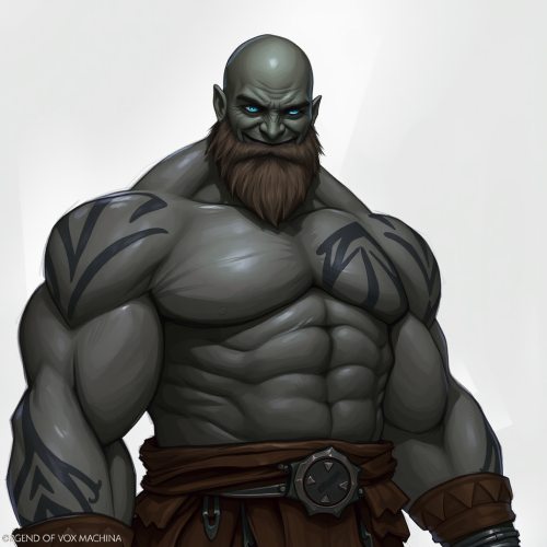 Goliath the muscular barbarian with bright blue eyes.