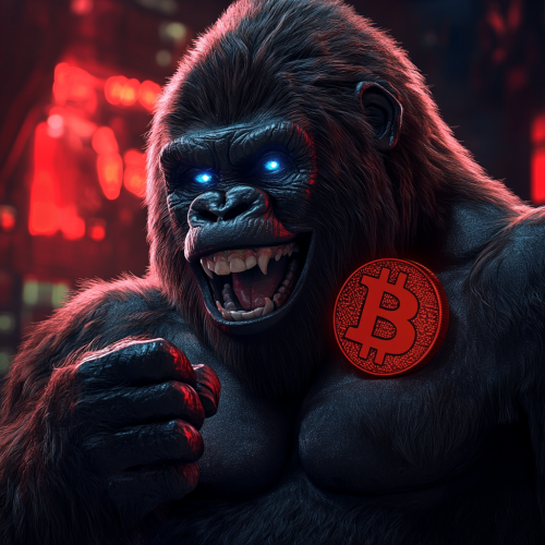 Gorilla holding red 3D bitcoin logo in shadows.
