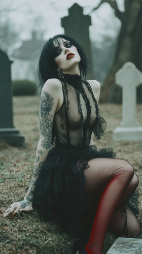 Goth girl with tattoos crawls in cemetery