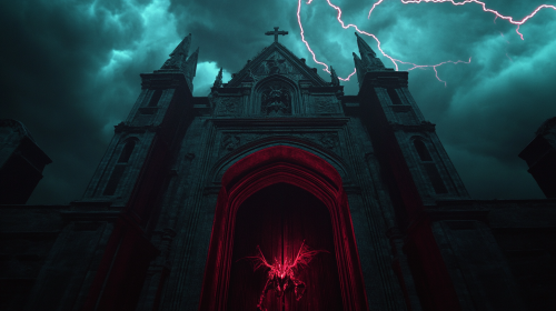 Gothic demon entrance with Manuelino details, red lightning bolt.
