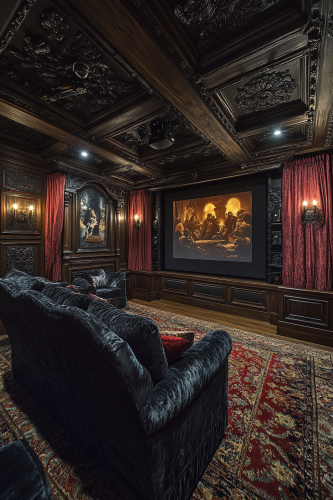 Gothic home theater with vintage decor and plush seating