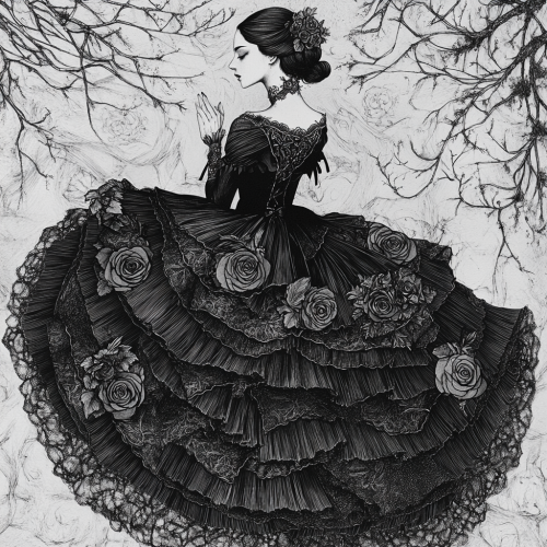 Gothic illustration of graceful, melancholic figure in ruffles