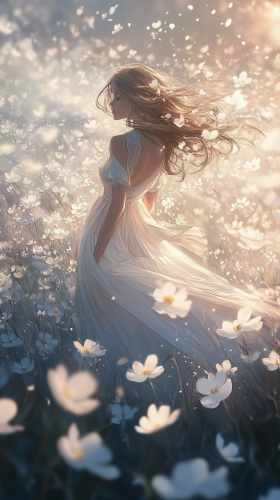 Graceful Woman in Field of Flowers Harmonizing with Nature