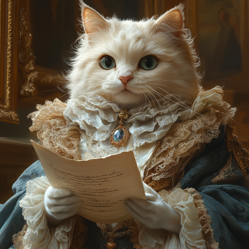 Graceful white cat, crystal pendant, historical documents, 18th century