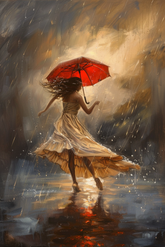 Graceful woman twirling with vibrant red umbrella in rain.