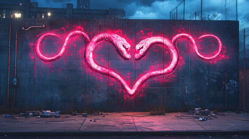 Graffiti art with snakes, cityscape, medical equipment, neon lights. Graffiti art with snakes, cityscape, medical equipment, neon lights.