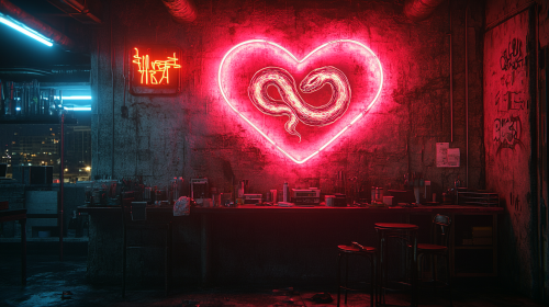 Graffiti of snakes forming heart, neon lights, concrete wall.