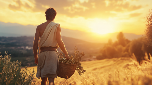 Greek hoplite working on family farm at sunset. Greek hoplite working on family farm at sunset.