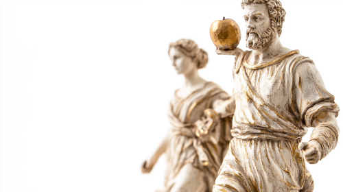 Greek man and woman run with golden apple